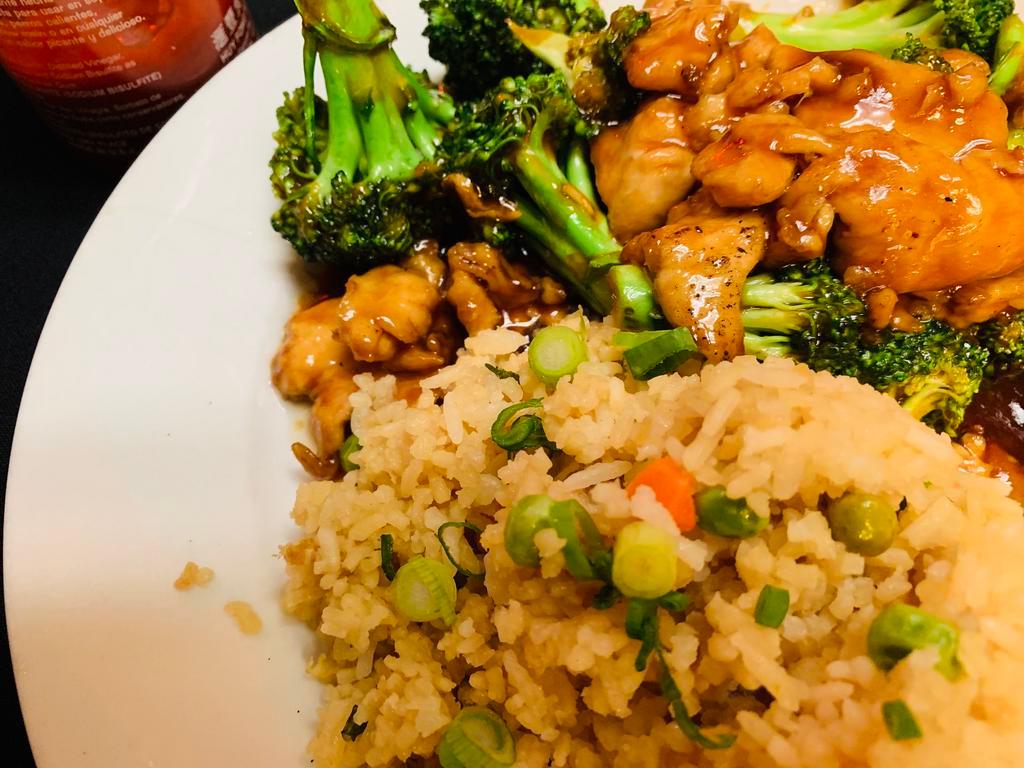 Chicken and Broccoli · Served with choice of rice and an eggroll.