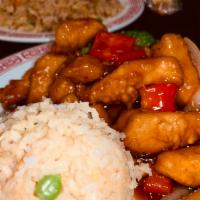 General Tso's Chicken · Served with choice of rice and an eggroll. Spicy.