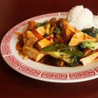 Hot Spiced Tofu with Vegetables · Served with choice of rice and an eggroll. Spicy.