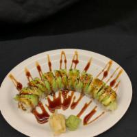 Dragon Roll · Eel and cucumber inside. Topped with avocado.