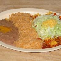 Two Cheese Enchiladas Plate · Served with a side of rice and beans, lettuce and cheese.