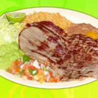 Carne Asada Plate · Two steaks. rice, beans, lettuce, pico de gallo, and guacamole.