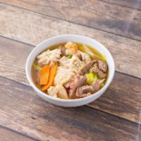 Wor Wonton Soup · Chicken, beef, prawns, BBQ pork, wontons, and vegetables.