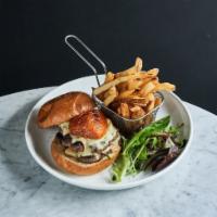 Burger · Two 4oz patties, Toasted brioche bun, Roasted tomato, Raclette cheese, Side frites and salad