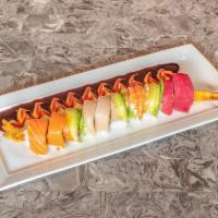 Lava 10 Roll · Shrimp tempura and spicy tuna. Topped with assorted sashimi. Served with house special sauce...