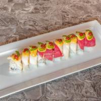 Red Dragon Roll · Spicy crab and spicy tuna, Topped with tuna and escolar, served with jalapeno slices, spicy ...