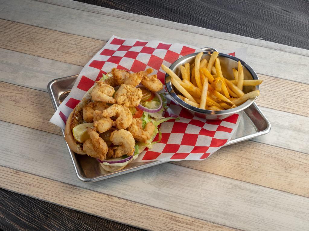 Po' Boy · Toasted hoagie with lettuce, onions, pickles, tomatoes and jalapeno remoulade. Served with french fries.