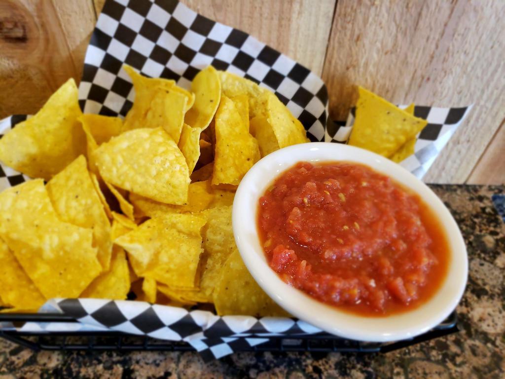 Chips and Salsa · A basket of tortilla chips served with Pop’s homemade salsa.