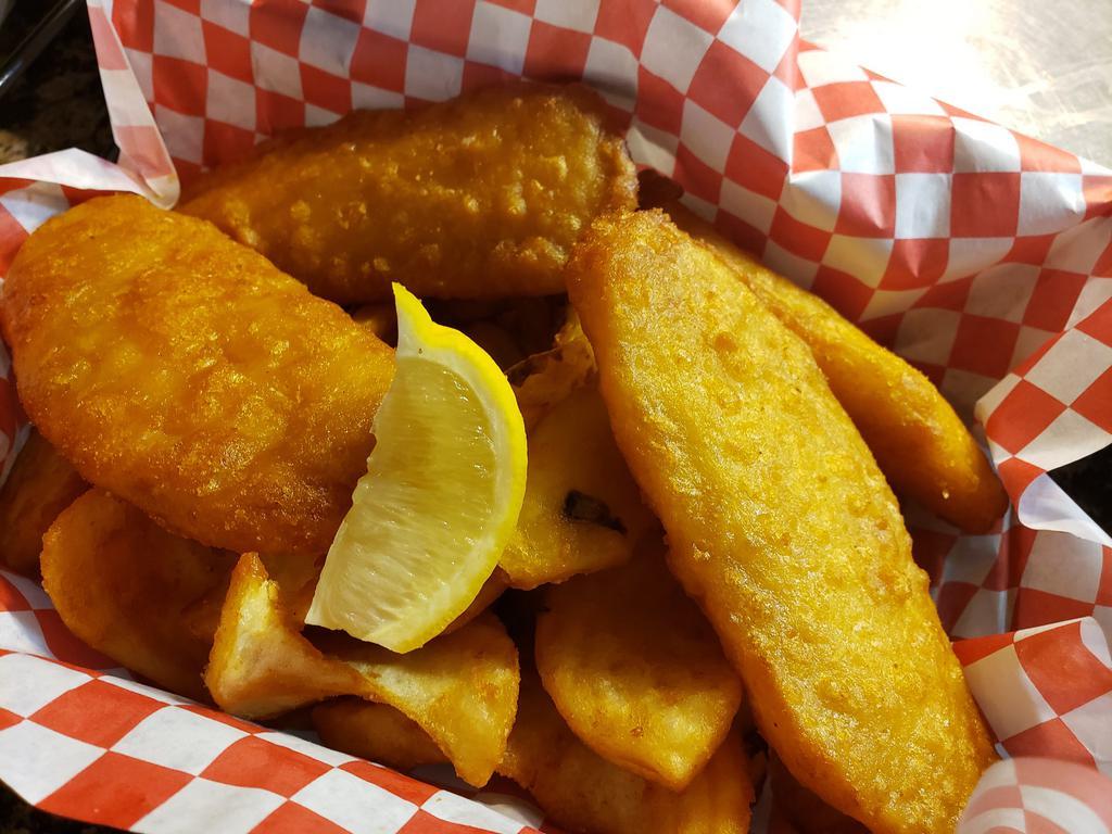Fish & Chips · 3 fried Cod filets served with fries OR your choice of side, a sampling of our homemade cole slaw & dipping sauce