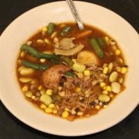 Pop's Beef & Veggie Soup · Tender beef with tomatoes, onions, lima beans, blackeyed peas, okra, cabbage, corn, carrots ...