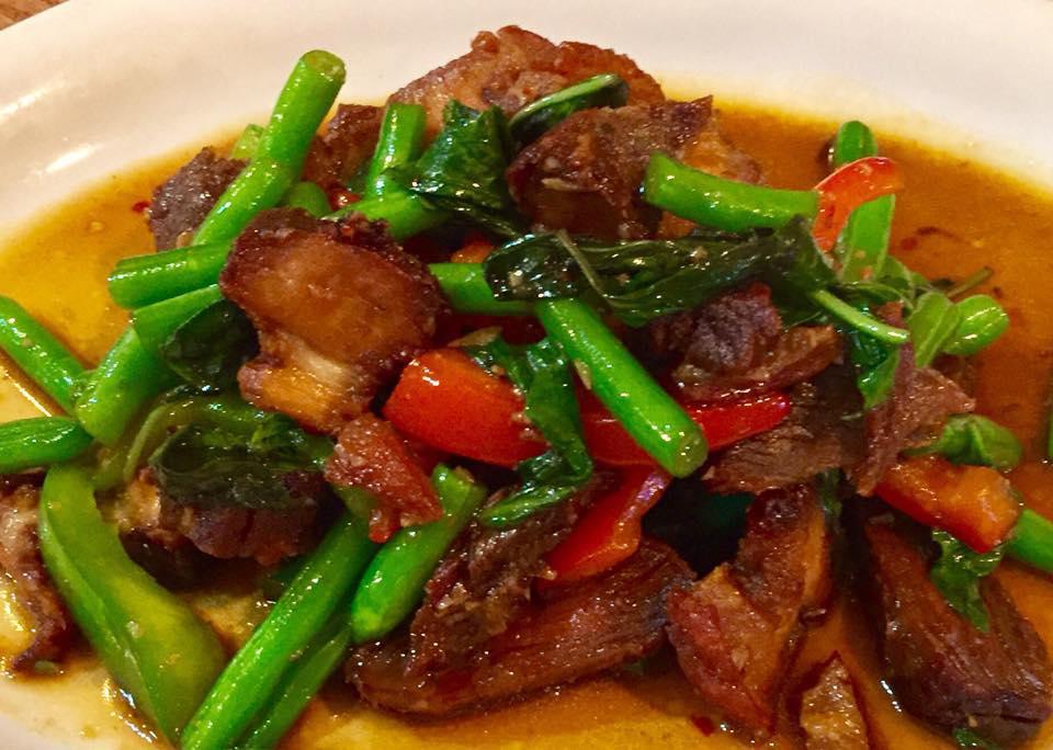 Spicy Basil Crispy Pork Belly · Sauteed bell pepper, green beans, onions, chili and basil with crispy pork belly. Includes jasmine rice.