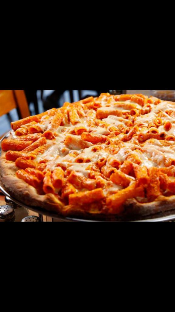 Baked Ziti Pizza · Made of mozzarella cheese ,ziti ,Marinara sauce ,ricotta cheese ,parsley.