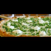 White Broccoli Pizza · Made of broccoli,ricotta cheese,mozzarella cheese.