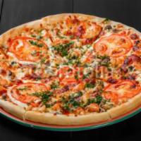 Chicken Tomato Pizza · Made of Chicken,fresh tomato,marinara,mozzarella cheese,parsley.