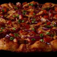 BBQ Chicken Pizza · Chicken, bacon, cheddar, tomatoes, red & green onions on BBQ Ranch sauce, topped with sweet ...