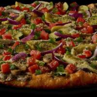Gourmet Veggie Pizza · An upscale veggie creation! Artichoke hearts, zucchini, spinach, mushrooms, tomatoes, garlic...