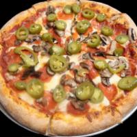 Pepperoni, Mushroom & Jalapeno's · Pizza Sauce, Mozzarella & Pepperoni, Mushrooms & Jalapeno's
