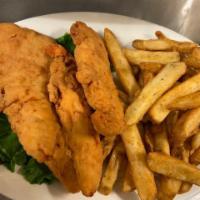 Chicken Fingers and French Fries · Hand breaded chicken fingers fried to perfection and served with a side of French fries.