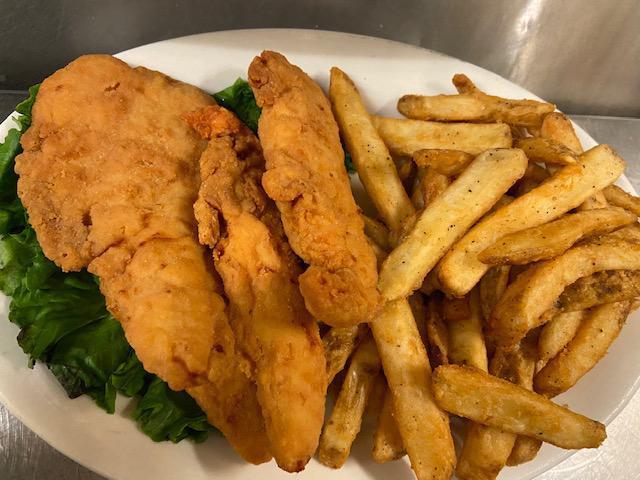 Chicken Fingers and French Fries · Hand breaded chicken fingers fried to perfection and served with a side of French fries.