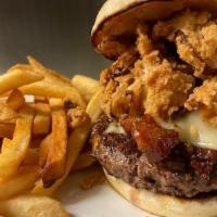 Hot and Smokey Candied Bacon Burger · Voted best burger in New York State in 2021.
½ pound Angus burger topped with candied bacon,...