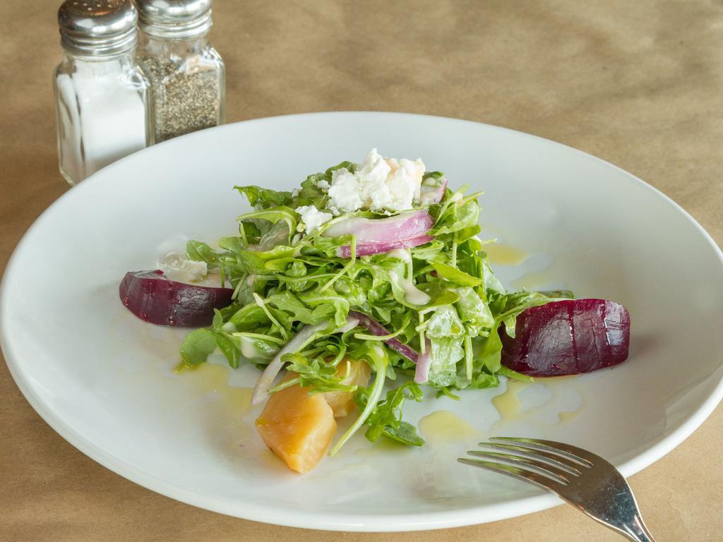Roasted Beets Salads · Baby arugula, candied pecans, red onion, roasted shallot vinaigrette and goat cheese crumbles.