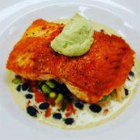 Pan Seared Salmon · Black bean edamame salad, whipped avocado and charred poblano butter.