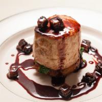 Ahi Tuna Filet Mignon · Crispy Potato Cake, Spinach, Mushroom, and Red Wine Bordelaise.