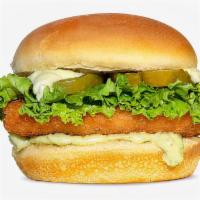 Crispy Chik’N Sandwich · Crispy Gardein Chik’N, Green Leaf Lettuce, Pickles, Garden Herb Mayo, Potato Bun