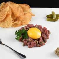 Steak Tartare · Chips, Cornichons, & Whole Grain Mustard