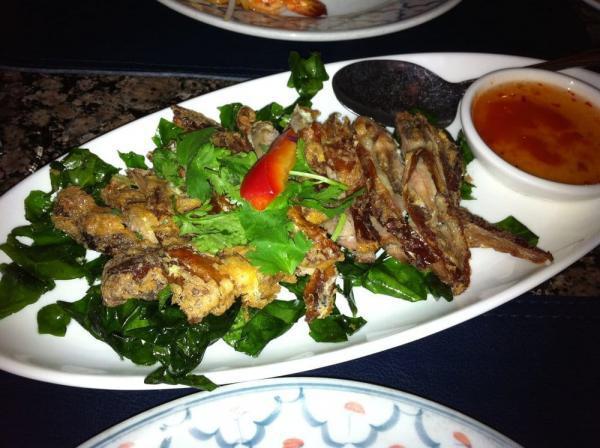 29. Ped-Tod-Ka-Na-Grob · Crispy pieces of roast duck fried in batter with greens, served with sweet chili garlic sauce.