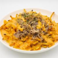Shaken House Fries · Skinny fries topped with shaken beef belly, garlic, caramelized onions, sharp cheddar cheese...