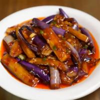 Eggplant with Garlic Sauce Over Rice（鱼香茄子盖饭） · Hot & spicy.