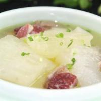Sauteed Ham with Winter Melon Soup（火腿冬瓜汤） · Cooked in oil or fat over heat. Guord soup.
