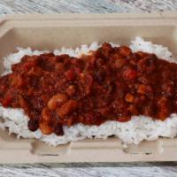 Vegan Chili and Rice · Beyond Meat Chili over white rice.