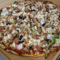 The Works Pizza · Pepperoni, ham, beef, sausage, onion, bell pepper, mushrooms, green olives, black olives and...