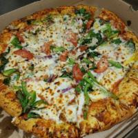 Veggie Amore Pizza · Onion, bell pepper, mushroom, green and black olives, tomato, spinach and garlic; optional: ...