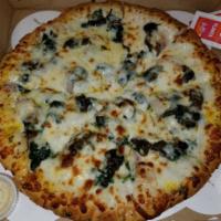 Chicken Garlic Pizza · Chicken with alfredo or tomato sauce, onion, garlic and cheddar cheese (optional add spinach).
