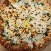 Spinach Alfredo Pizza · Spinach with Alfredo sauce, onion, garlic and cheddar cheese.