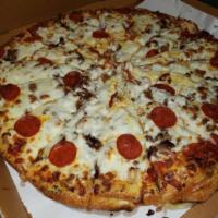 The Ultimeat Pizza · 10 toppings. Pepperoni, salami, ham, beef, sausage, chicken, bacon, steak, meatballs, and ex...