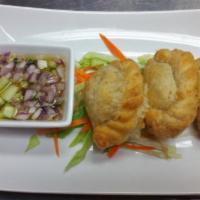 Chicken Curry Puffs · 4 pieces. Caramelized chicken with sweet potato, served with cucumber relish.
