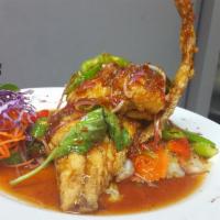 Mummy Red Snapper · Choice of whole fish or filet with garlic sauce, basil sauce or fresh chili sauce. Spicy.