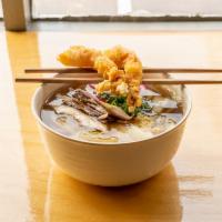Shrimp tempura udon · Shrimp and tempura with vegetable noodles with special soup.