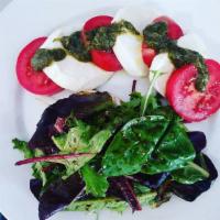 Fresh Mozzarella Small Plate · Tomatoes, olive oil and basil pesto served with a mixed green salad