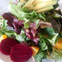 Organic Mixed Greens Salad · Avocado, oranges, beets, Pepitas, tossed in honey vinaigrette.