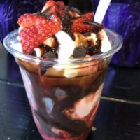 Chocolate Covered Strawberry · Both chocolate & strawberry ice creams, chocolate chips and strawberry pie filling topped wi...