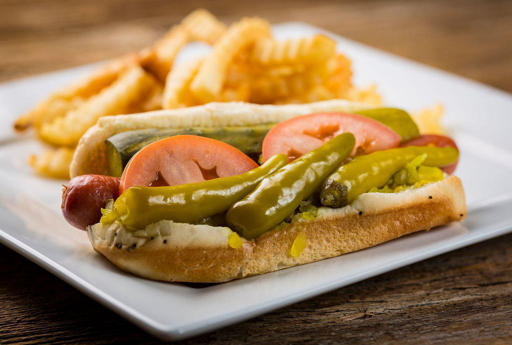 Chicago-Style Hot Dog · Vienna all beef hot dog in a steamed poppy seed bun with mustard, onion, relish, tomato, dill pickle spear, sport peppers and a dash of celery salt. Served with choice of side.