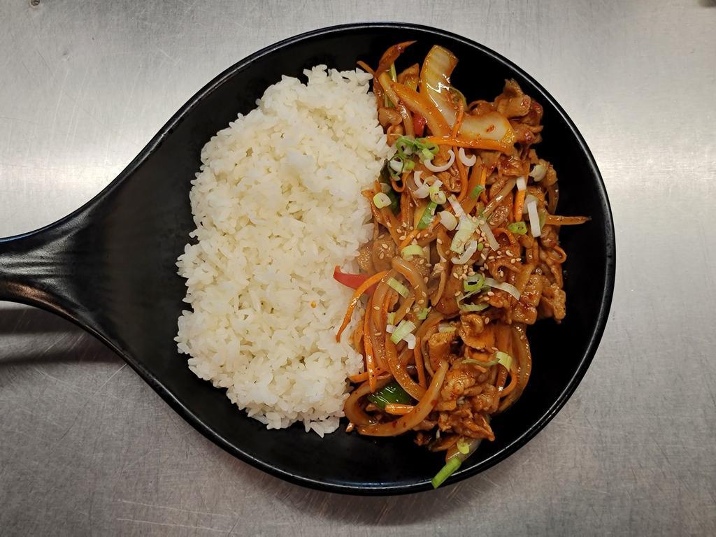 Jeyook Bulgogi Over Rice · Spicy Stir Fried Pork
