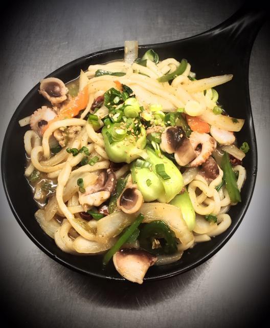 Maeun Jjukkumi Yachae Udon Bokkeum · Spicy Octopus and Vegetables Stir Fry with Udon Noodles