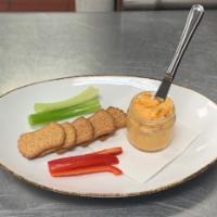 Pimento Cheese · House-made pimiento cheese dip with vegetables and crispy everything seasoned flatbreads