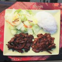 Beef and Pork Teriyaki  · Comes with steamed rice and salad.